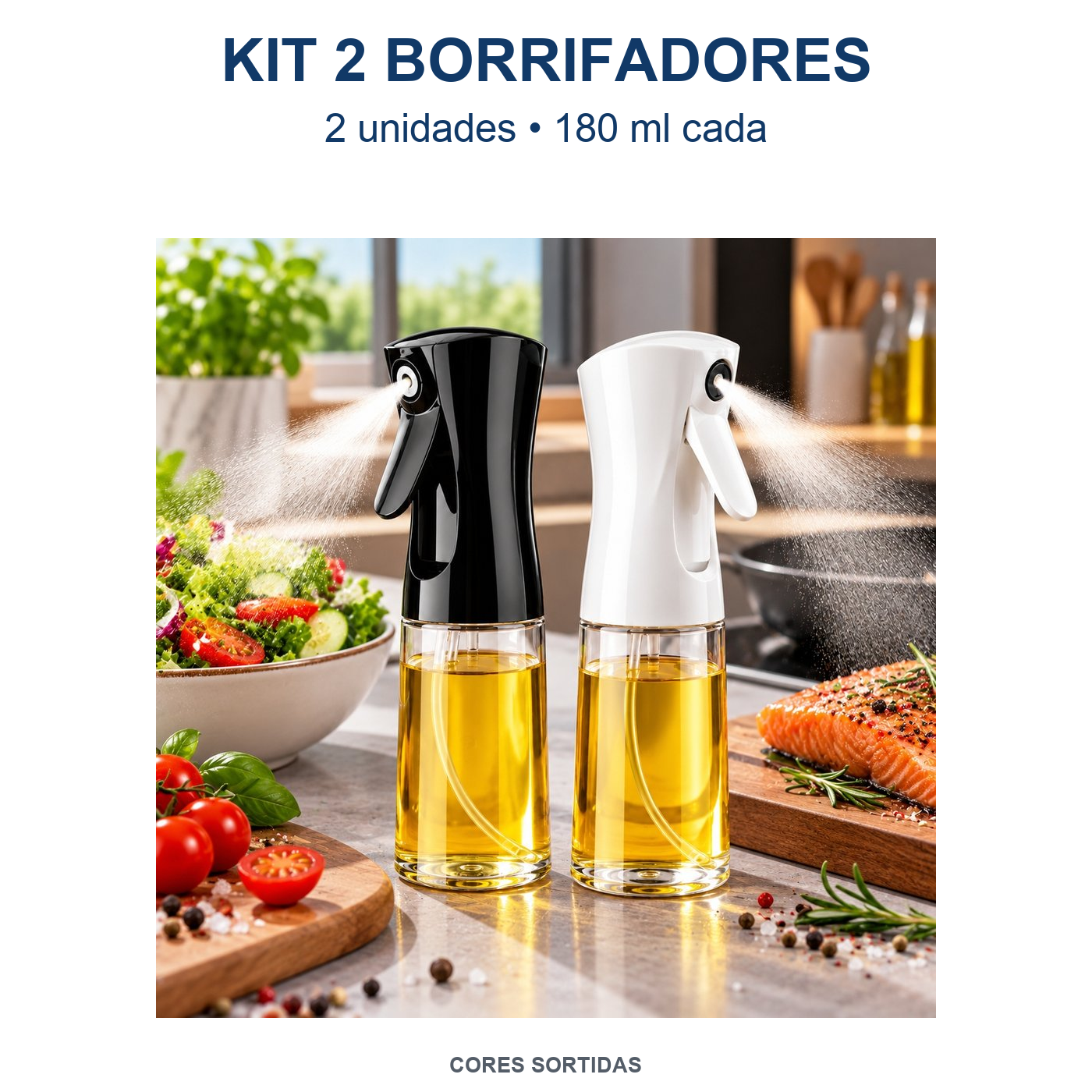 Kit com dois borrifadores de vidro, de 180 ml cada, para azeite e vinagre. Cores sortidas.